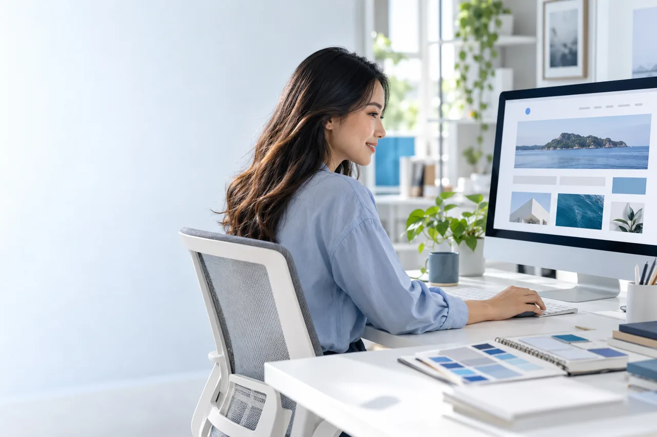 Designer planning a website and brand colours at a bright workstation