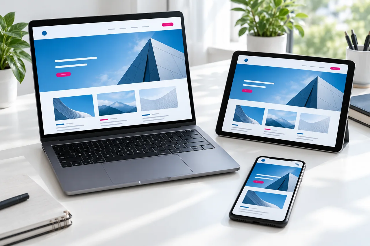 A responsive website shown across laptop tablet and smartphone