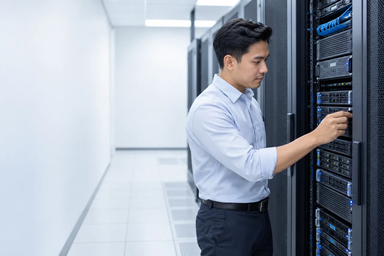 IT engineer inspecting neatly organised server racks