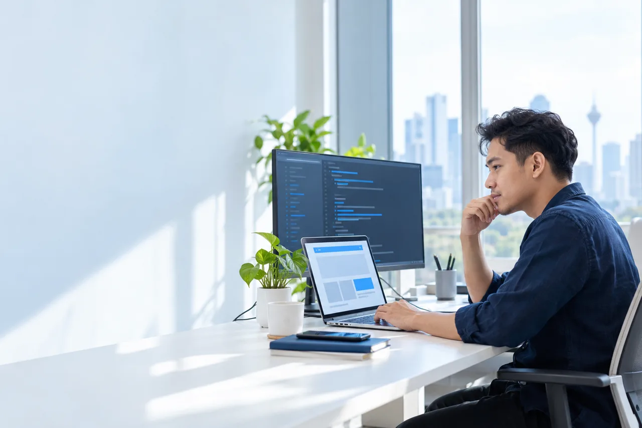 Developer reviewing web software on a laptop and desktop monitor
