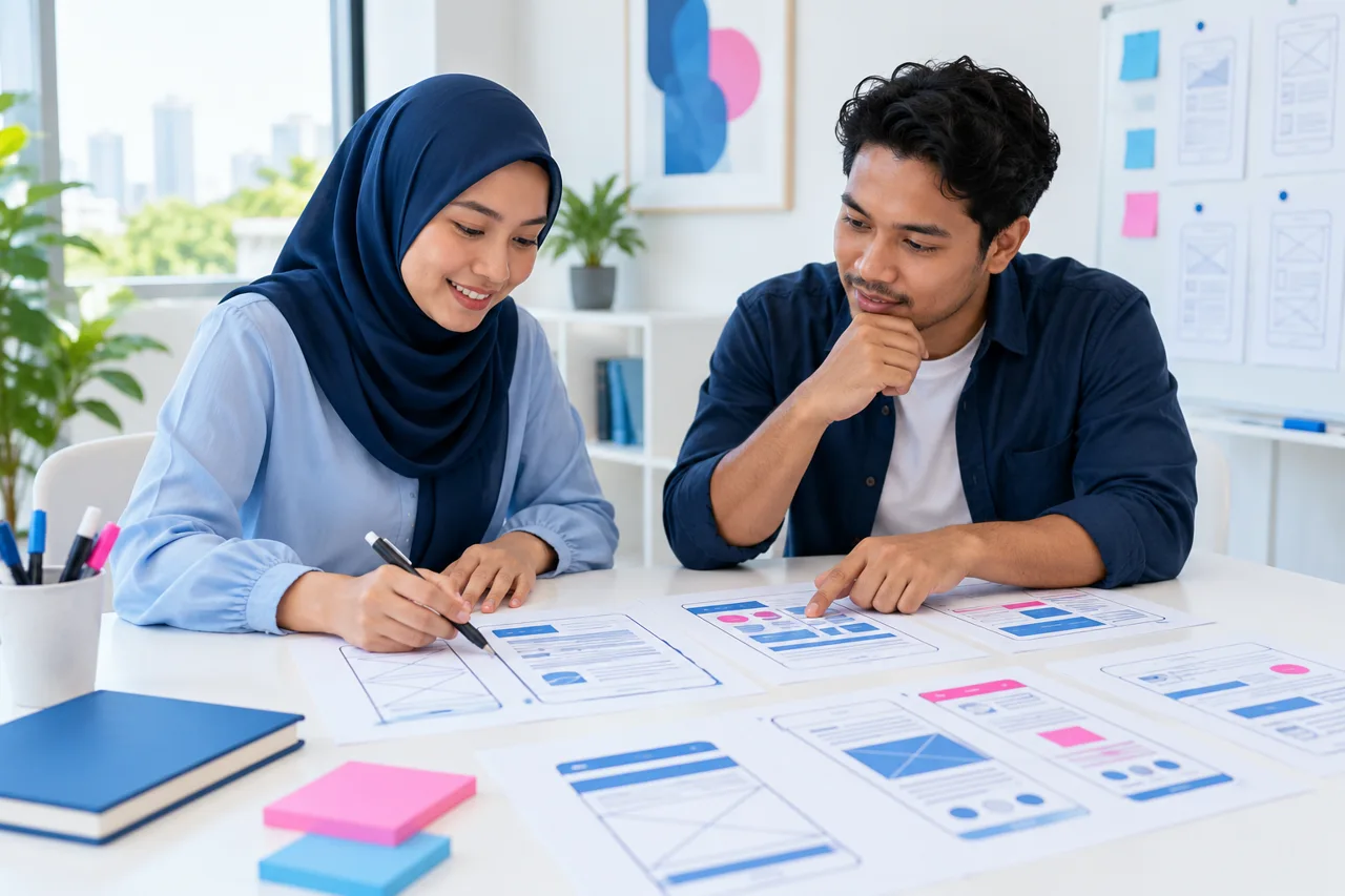 Two digital professionals reviewing printed website wireframes together
